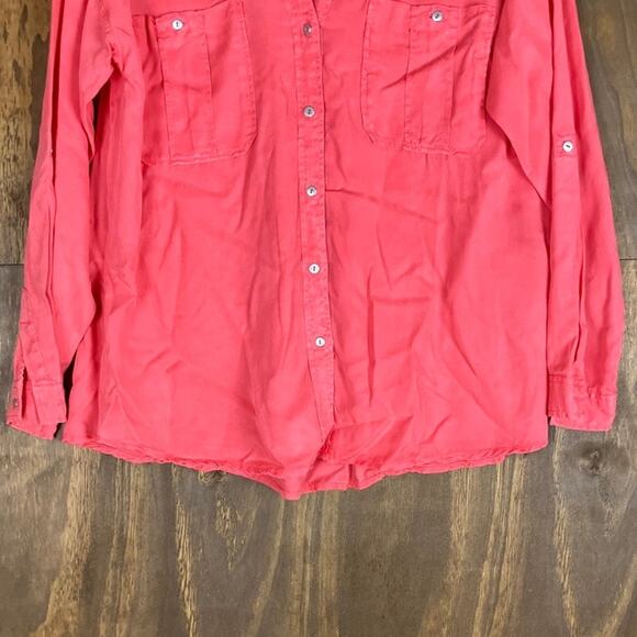 Zara Womens Blouse Coral Utility V Neck Button Down Long Sleeve Medium - Picture 3 of 12